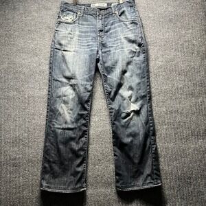 BKE Tyler Jeans Mens 33R Blue Distressed Straight Leg Denim Heavy Stitch Faded